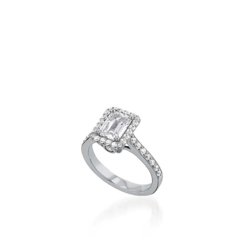 Solid pave ring-Satin Emerald Cut White Gold  Engagement Ring