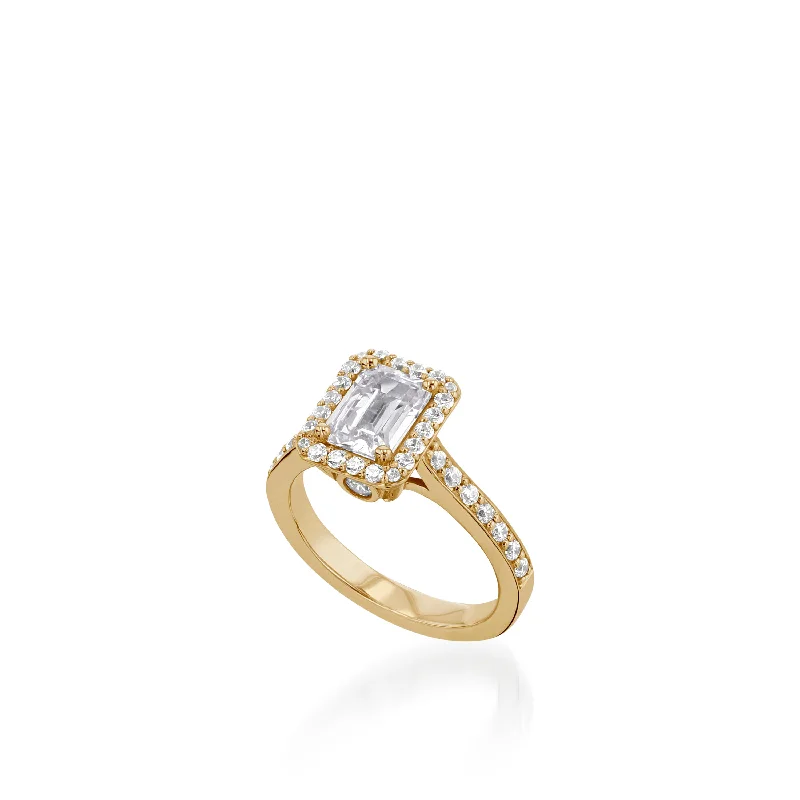 Furrowed design ring-Satin Emerald Cut Yellow Gold  Engagement Ring