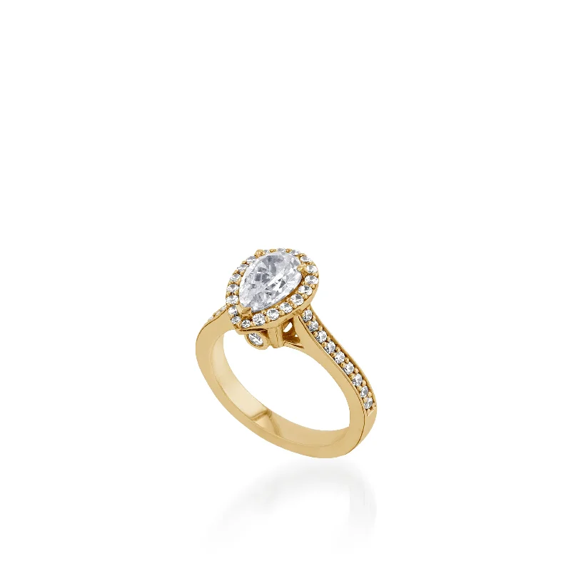 Broad-band ring-Satin Pear Yellow Gold Engagement Ring