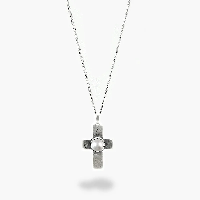 Blocked chain necklace-Silver Cross With Freshwater Pearl Necklace