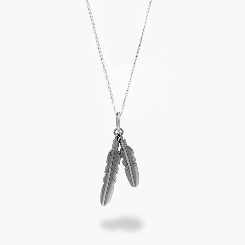 Rounded gem necklace-Small Feathers Duo Silver Necklace