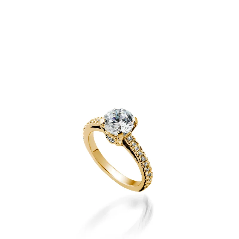 Brushed-edge ring-Starburst Round  Yellow Gold Engagement Ring