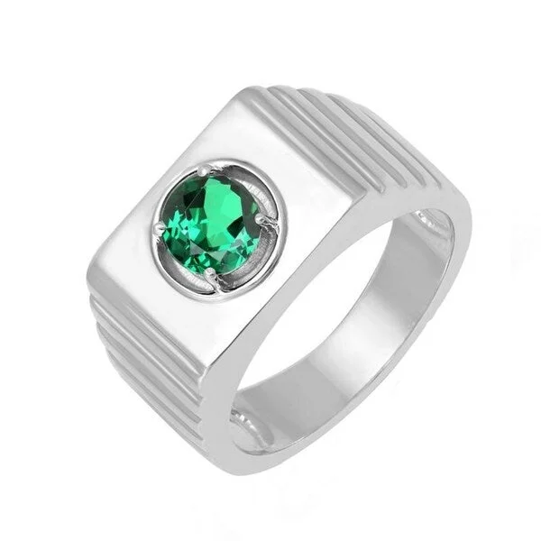 Solid pave ring-Sterling Silver Green Emerald Solitaire Men's Ring