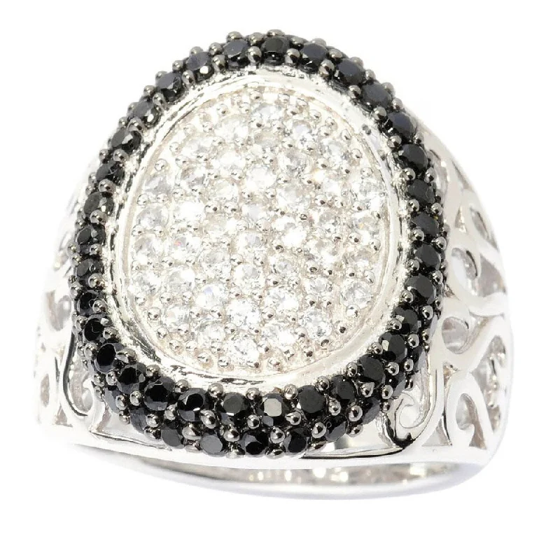 Vivid stone ring-Sterling Silver White Topaz and Black Spinel Wide Oval Top Ring