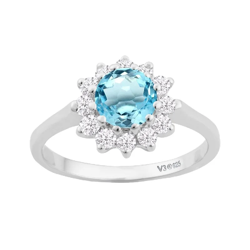 Pearlized stone ring-Sterling Silver with Natural Sky Blue Topaz and White Topaz Halo Ring