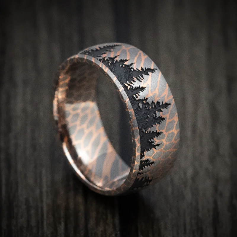 Scored band ring-Superconductor Men's Ring with Spruce Pine Tree Design Custom Made Band