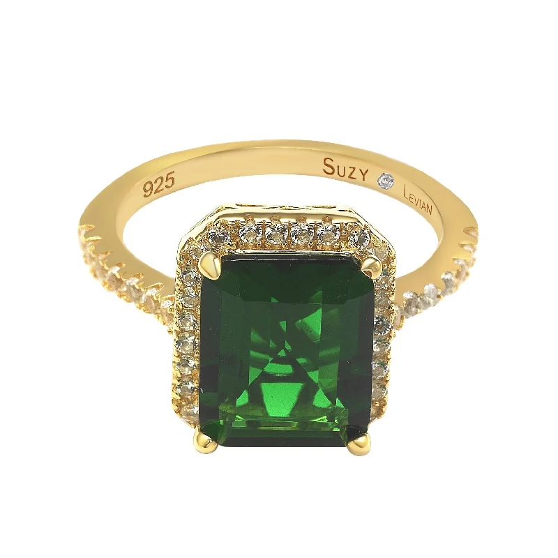 Faint finish ring-Suzy Levian Golden Sterling Silver Large Emerald-Cut Green and White Cubic Zirconia Halo Ring