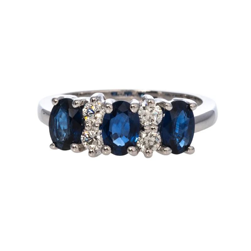 Rough-cut sapphire ring-Three-Stone Oval Sapphire & Diamond 14K White Gold Ring