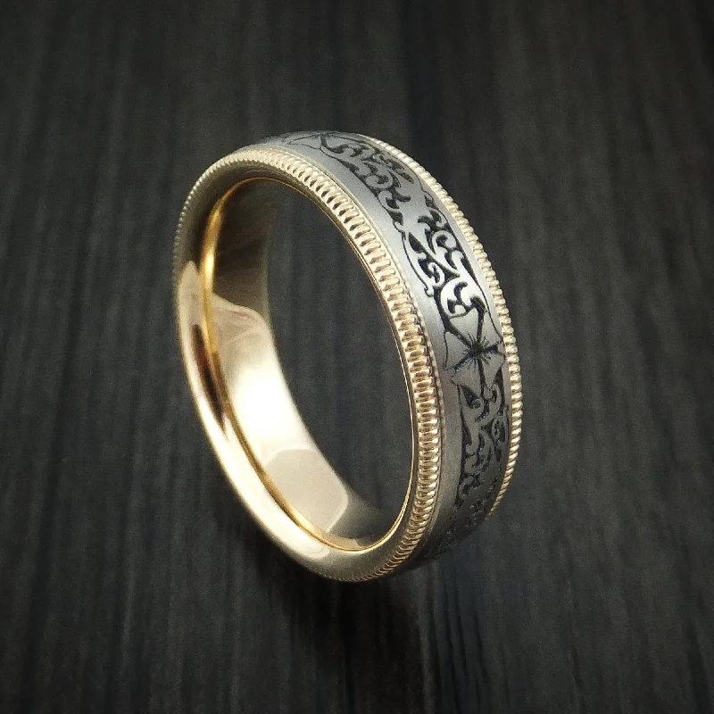 Faint finish ring-Titanium and 14K Yellow Gold Carved Band Custom Made Men's Ring