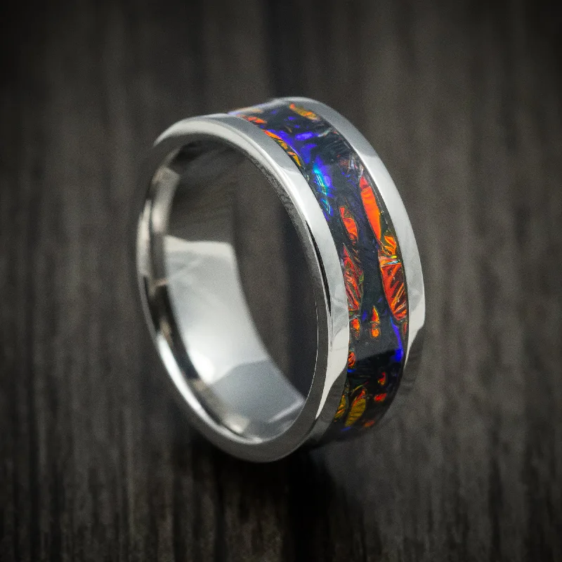 Chipped edge ring-Titanium and Dichrolam Inlay Men's Ring Custom Made Band