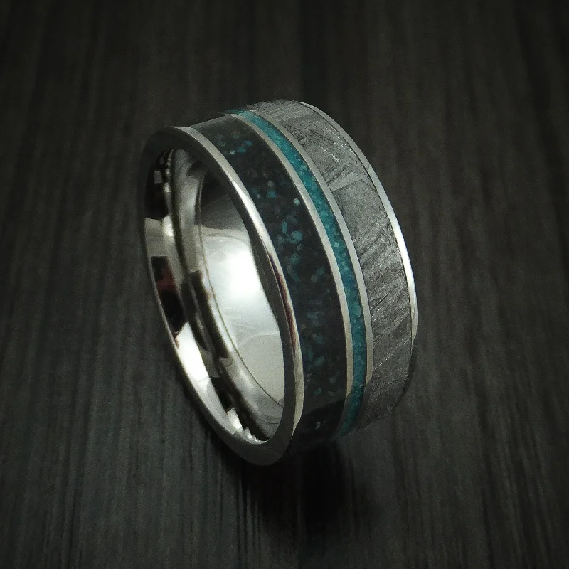 Vibrant diamond ring-Titanium Black Dinosaur Bone with Turquoise And Gibeon Meteorite Men's Ring Custom Made Fossil Band