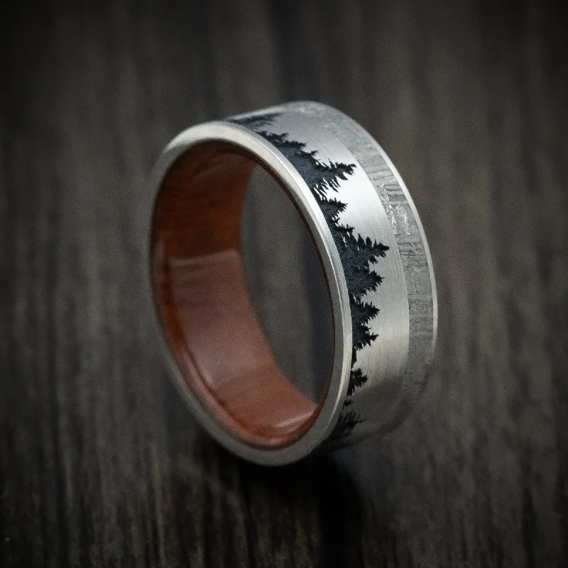 Pearlized platinum ring-Titanium Men's Ring with Spruce Pine Tree Design, Wood Sleeve and Gibeon Meteorite Inlay Custom Made Band