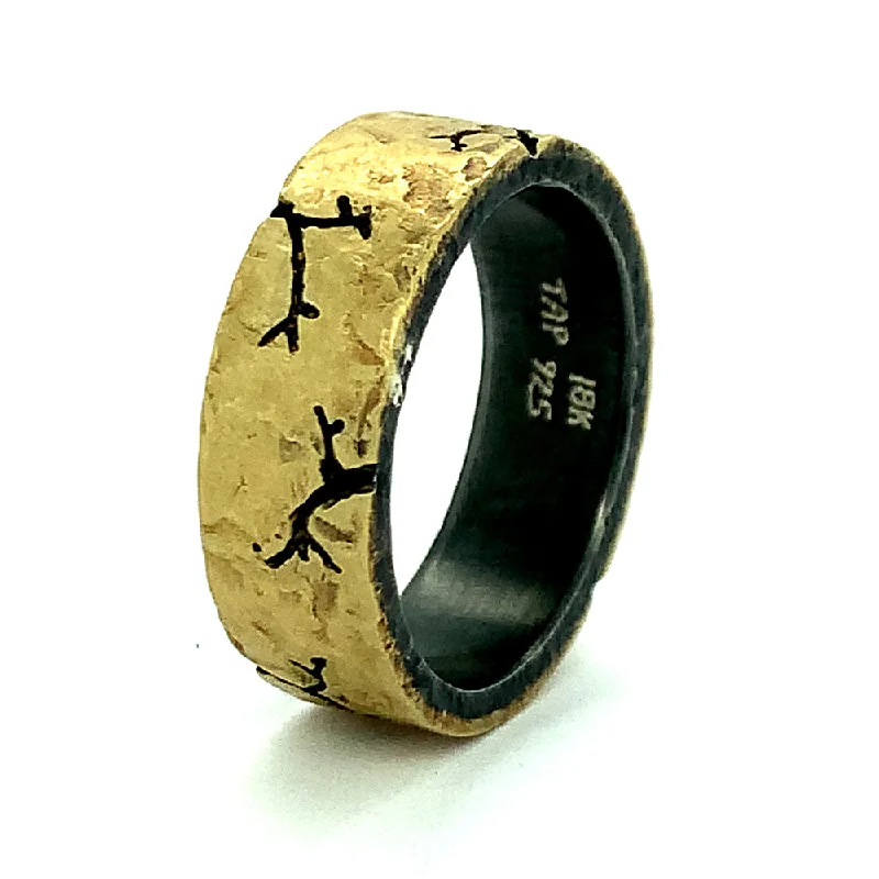 Ridge gem ring-Yellow Gold and Oxidized Silver Men's Band - "Root Fissure"