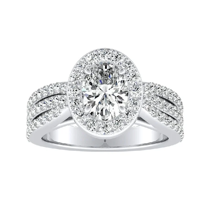 Scored band ring-Triple Band Oval-cut Halo Diamond Engagement Ring 1 3/4ctw 14k Gold by Auriya