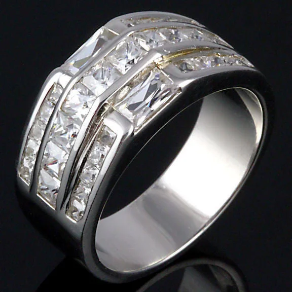 Soft bend ring-Vincent: 3.4ct Mens Ice on Fire CZ 3 Row Channel Band Ring