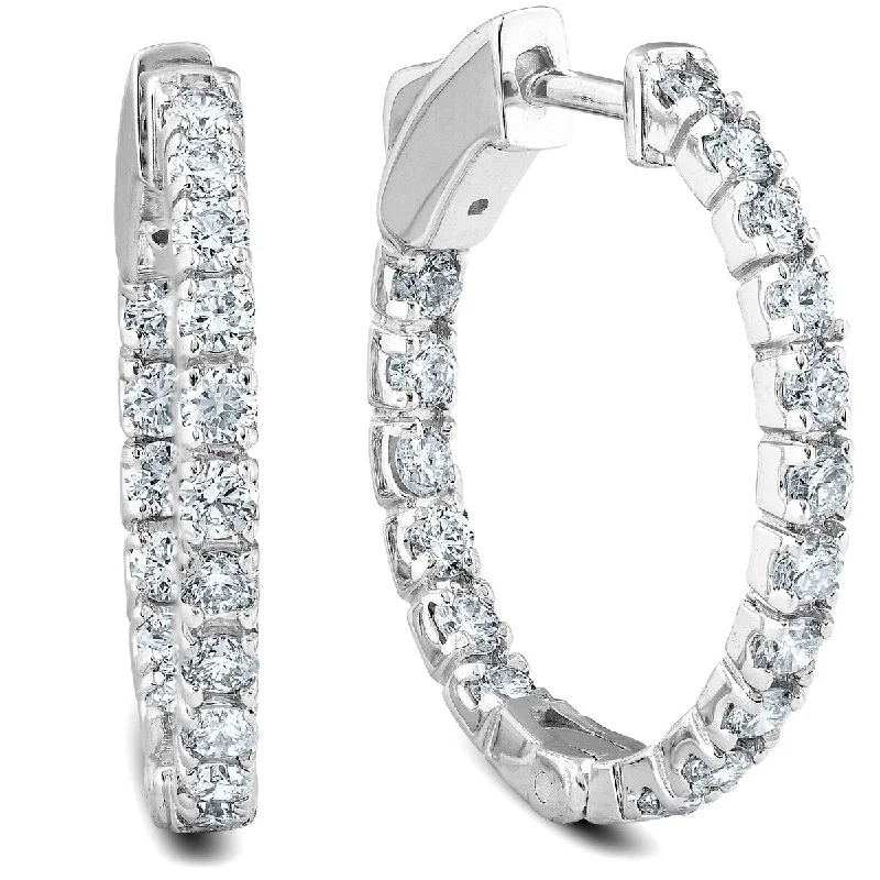 Single pearl earrings-1.07Ct Diamond Inside Outside Hoops Womens Earrings 14k White Gold 1"Tall