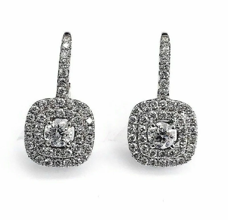 Stamped initial earrings-1.25 Carats t.w. Double Halo Diamond Dangle Hinge Earrings 18K White Gold New