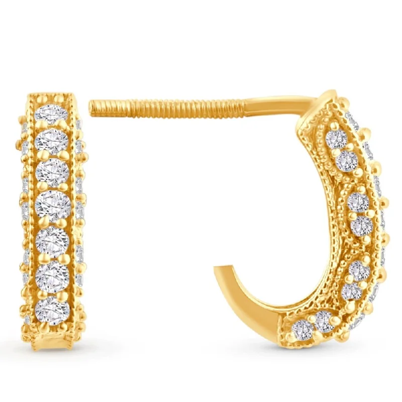 Wire-bend earrings-1/2ct Vintage Pave Hoops Womens Earrings Yellow Gold