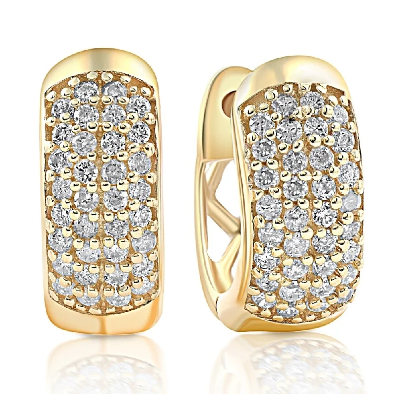 Flowing wave earrings-1/4ct Diamond Pave Huggie Hoops Tiny Women's Earrings Yellow Gold 1/3" Tall