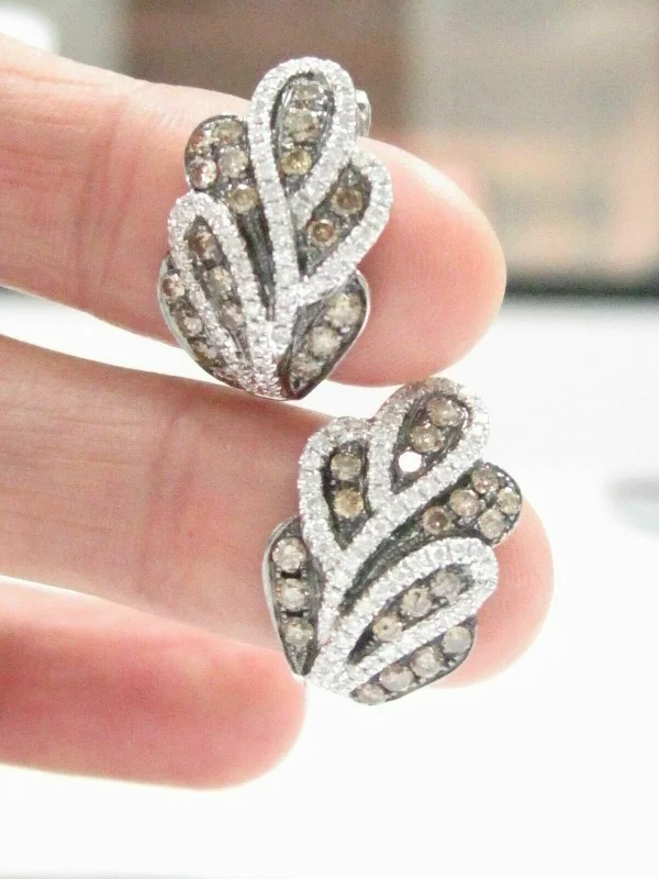 Kite stud earrings-1.52 TCW Natural Round Champagne & White Diamonds Huggie Earrings G VS2 14k Gold