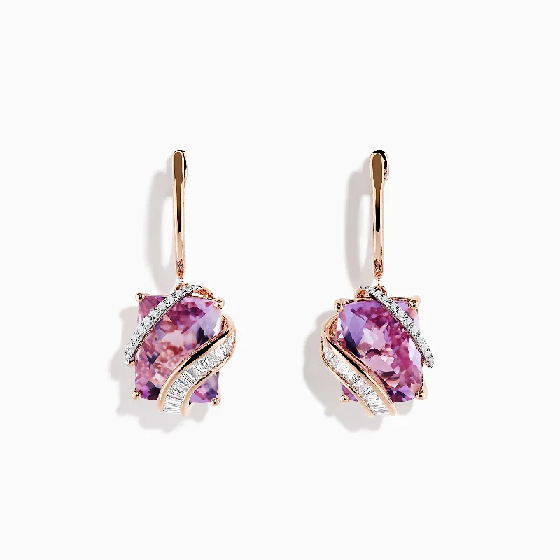 Flat cabochon earrings-14K Rose Gold Pink Amethyst and Diamond Drop Earrings