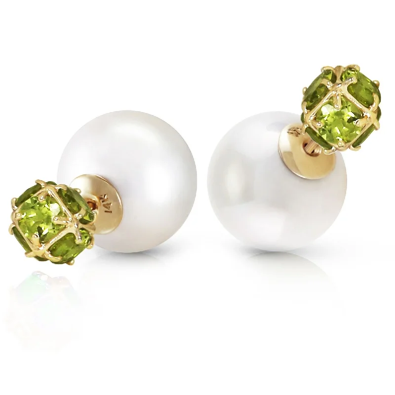 Dense sapphire earrings-14K Solid Gold Tribal Double Shell Pearls And Peridots Stud Earrings