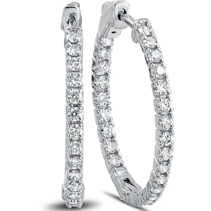 Bold gold earrings-14k White Gold 1 1/2 ct TDW Diamond Inside Outside Hoops with Vault Lock 1" Tall