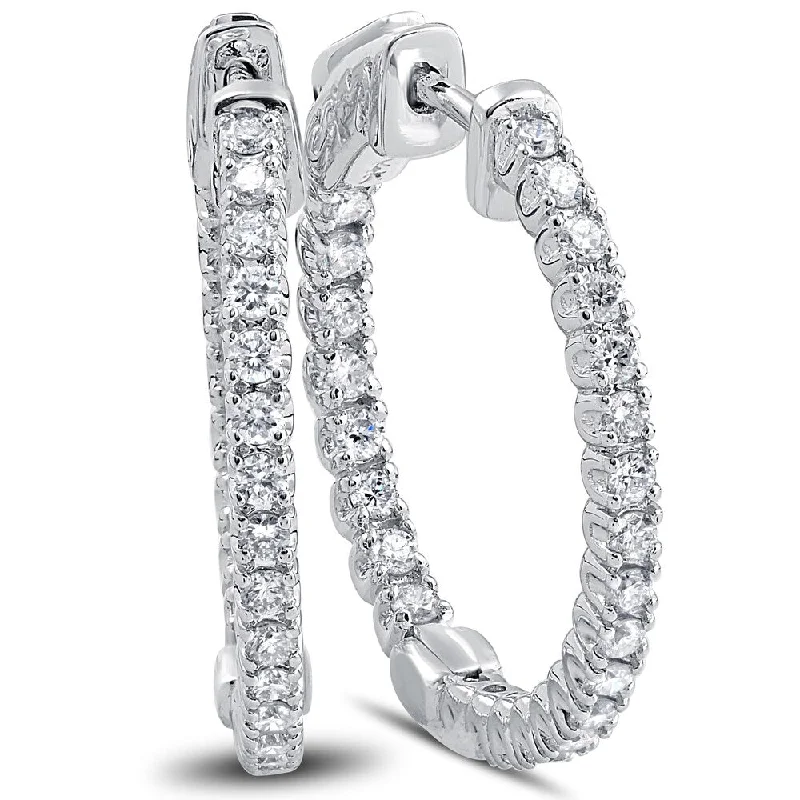 Lustrous gold earrings-14k White Gold 1 ct TDW Diamond Inside Outside Hoops with Vault Lock 1" Tall (F-G, VSI-VS2)