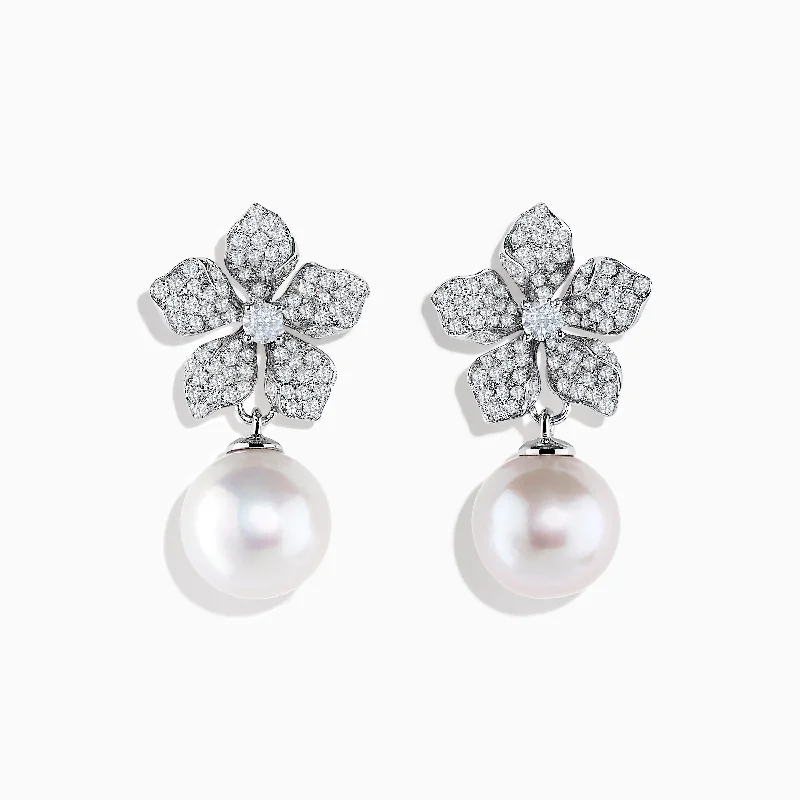 Flecked enamel earrings-14K White Gold Diamond Flower and Fresh Water Pearl Drop Earrings