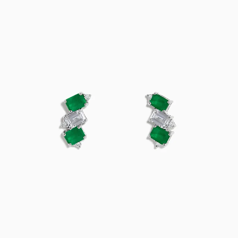 Sweeping bar earrings-14K White Gold Emerald, White Sapphire, and Diamond Stud Earrings