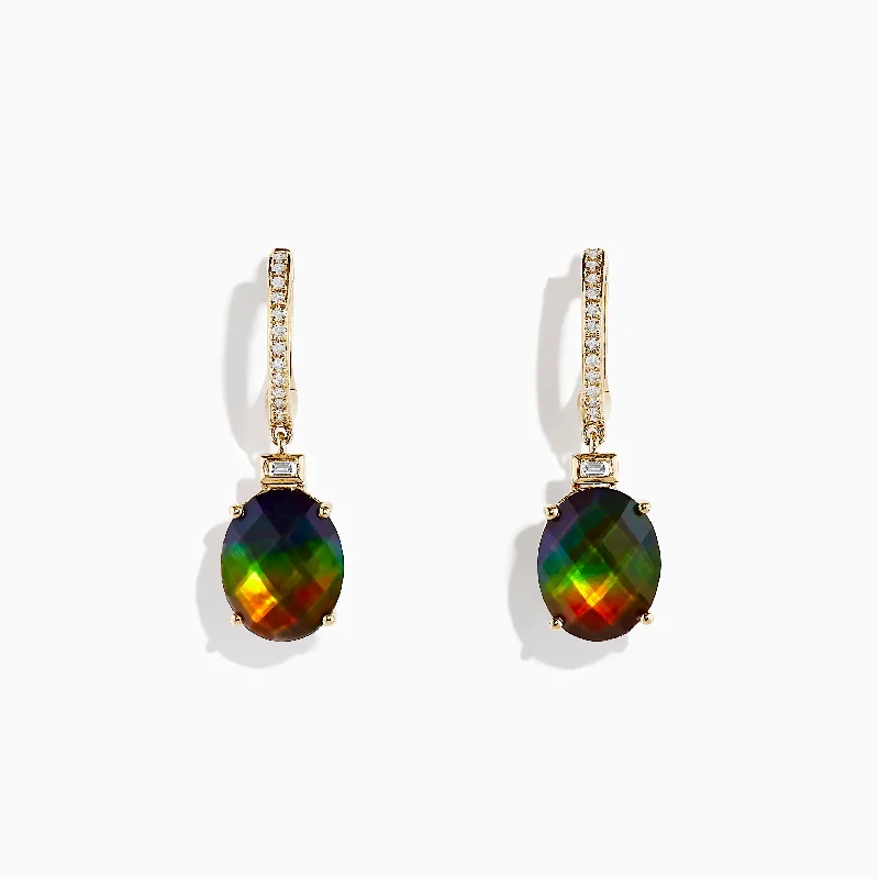 Clasped stone earrings-14K Yellow Gold Ammolite and Diamond Drop Earrings