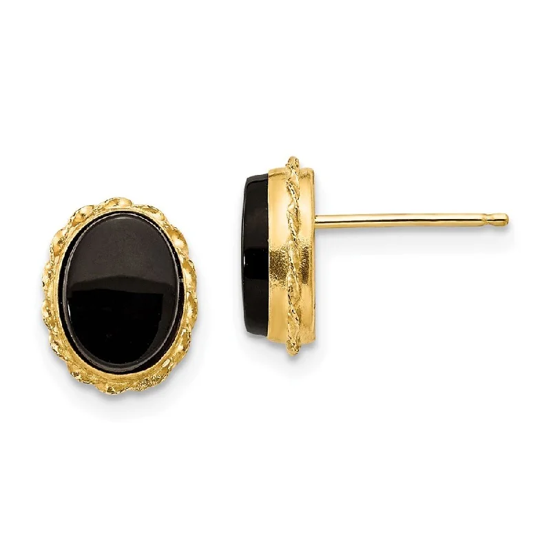 Overlapped earrings-14k Yellow Gold Bezel Onyx Stud Earrings (L-10 mm, W-7 mm)