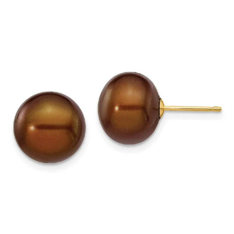 Open-sun earrings-14k Yellow Gold Coffee Button Cultured Pearl Stud Earrings (L-10 mm, W-11 mm)