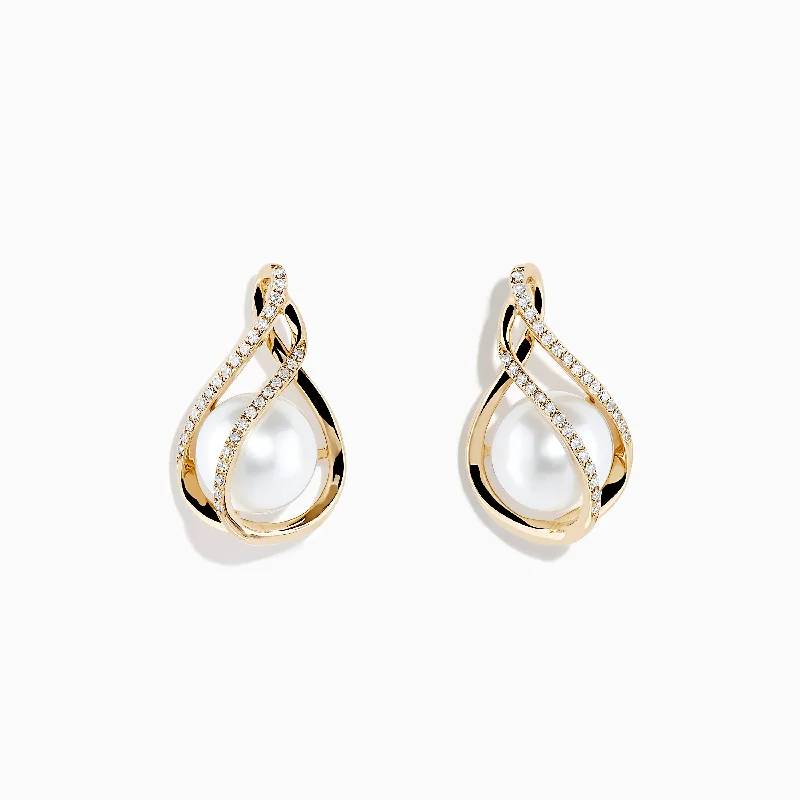 Bold gold earrings-14K Yellow Gold Diamond Fresh Water Pearl Drop Earrings