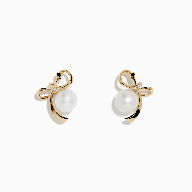 Textured earrings-14K Yellow Gold Diamond Fresh Water Pearl Earrings