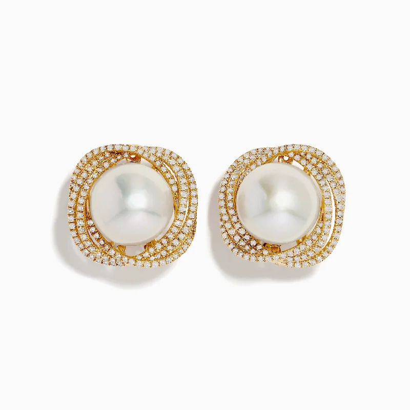 Embossed gem earrings-14K Yellow Gold Diamond Fresh Water Pearl Earrings