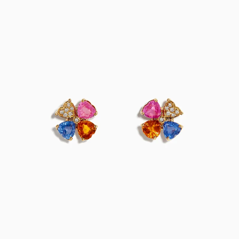 Shining drop earrings-14K Yellow Gold Multi Sapphire and Diamond Flower Earrings