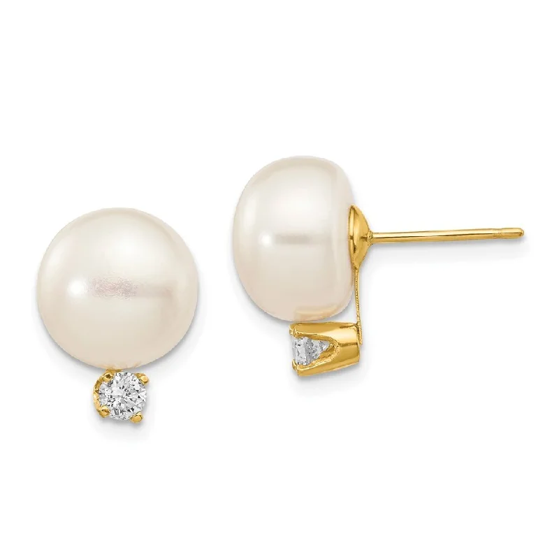 Bold agate earrings-14k Yellow Gold White Button Pearl and Diamond Stud Earrings (L-15 mm, W-10 mm)