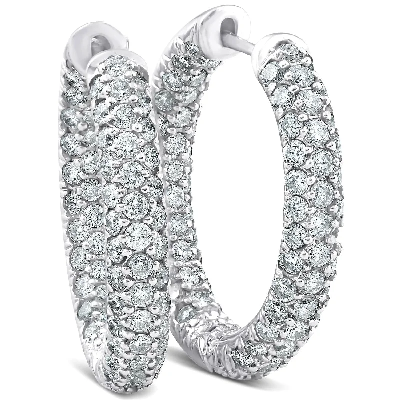 Classic-style opal earrings-2 1/2 Ct Diamond Hoops White Gold Pave Womens Inside Outside Earrings