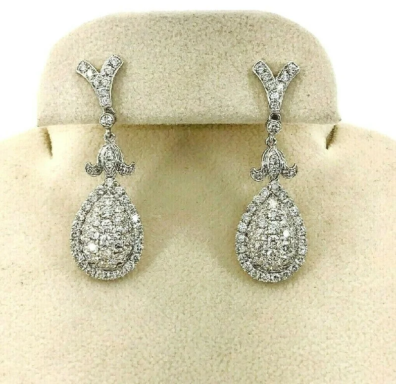 Fine hoop earrings-3.72 Carats Pave Set Round Diamond Halo Earrings 18K White Gold 1.30 Inch Drop