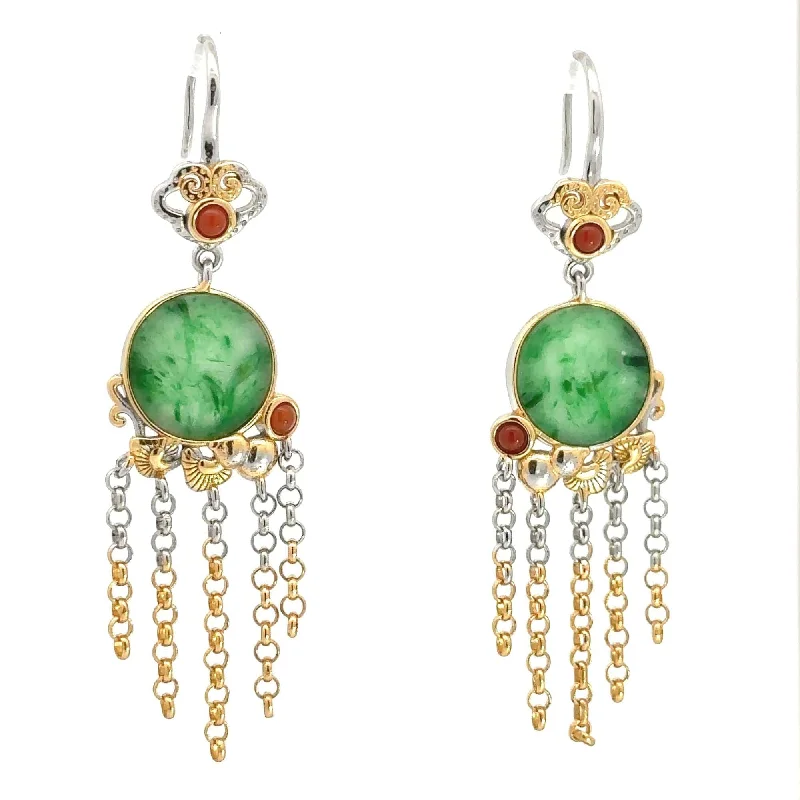 Raised stone earrings-Baikalla Antique Natural Jadeite Jade Sterling Silver Gold Plated Two Tone Dangle Earrings