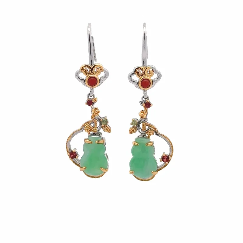 Luminous citrine earrings-Baikalla Antique Natural Jadeite Jade Sterling Silver Gold Plated Two Tone Dangle Earrings