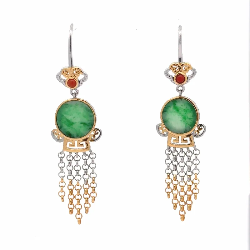 Elastic gem earrings-Baikalla Antique Natural Jadeite Jade Sterling Silver Gold Plated Two Tone Dangle Earrings