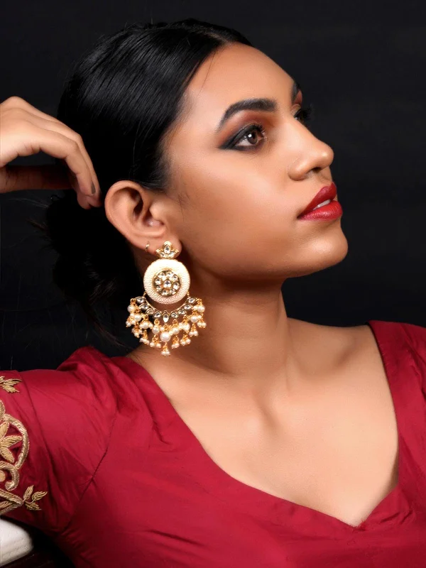 Stellar design earrings-Odette Women Cream Enamelled Kundan-Pearl Chandbali Earrings!