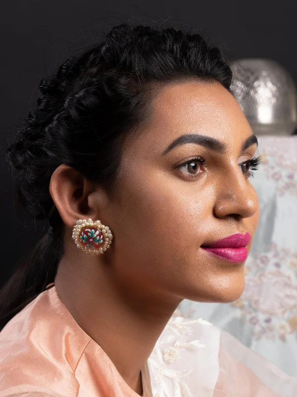 Coupled hoop earrings-Odette Women Ethnic Pink Floral Tinted Studs