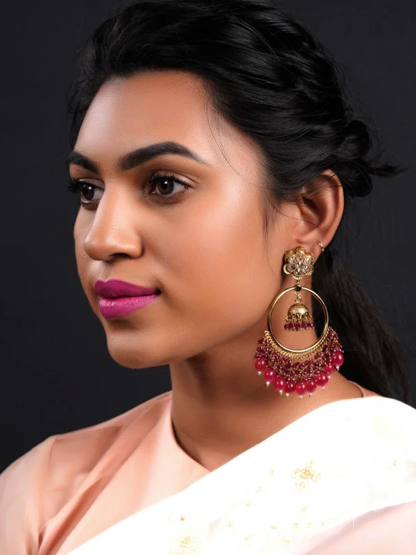 Three-gem earrings-Odette Women Gold Tone Red Dangling Ring-Jhumka Earrings