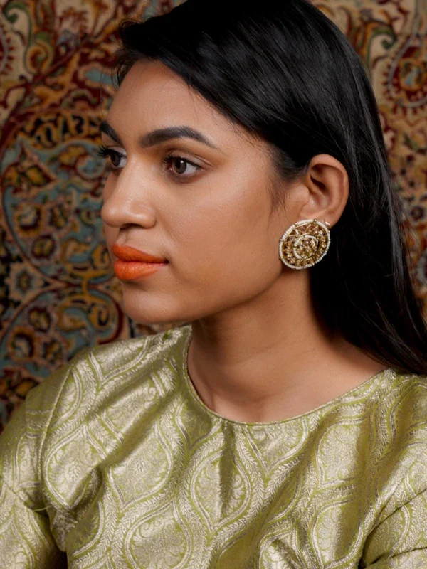 Embossed pattern earrings-Odette Women Golden Round Ethnic Studs!