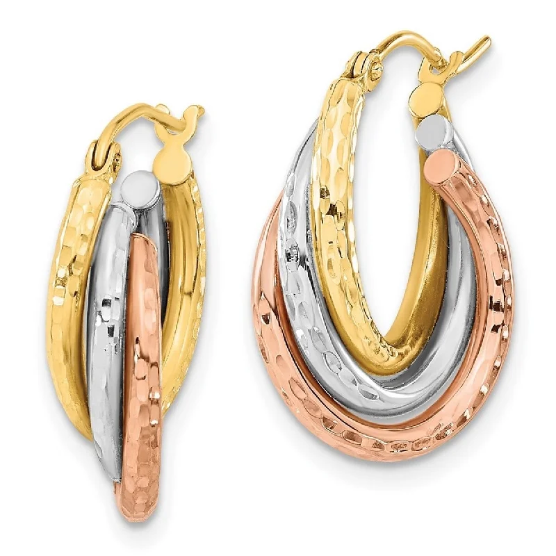 Crest motif earrings-Curata 14k Tri color Gold Textured Triple Hoop Earrings - 16.3mm Wide