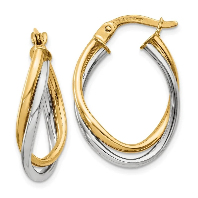 Shiny pewter earrings-Curata 14k Two-Tone Gold Polished Intertwined Oval Hoop Earrings (4mm x 20mm)