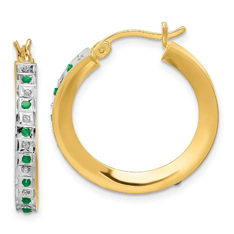 Rough-cut sapphire earrings-Curata 925 Sterling Silver Gold Plated Diamond Emerald Round Hinged Hoop Earrings 25x3mm